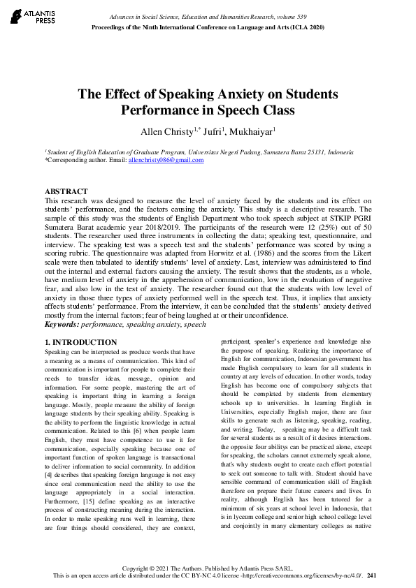 (PDF) The Effect of Speaking Anxiety on Students Performance in Speech ...