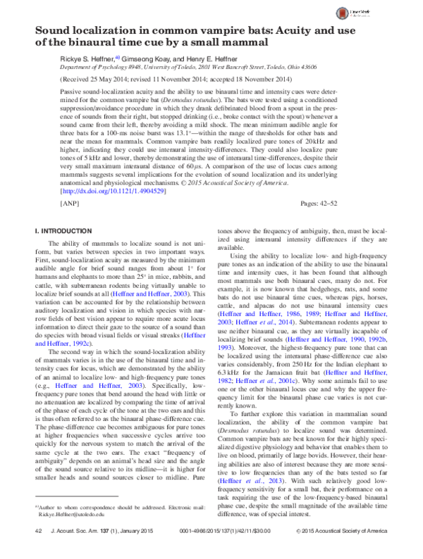 (PDF) Sound localization in common vampire bats: acuity and use of the ...