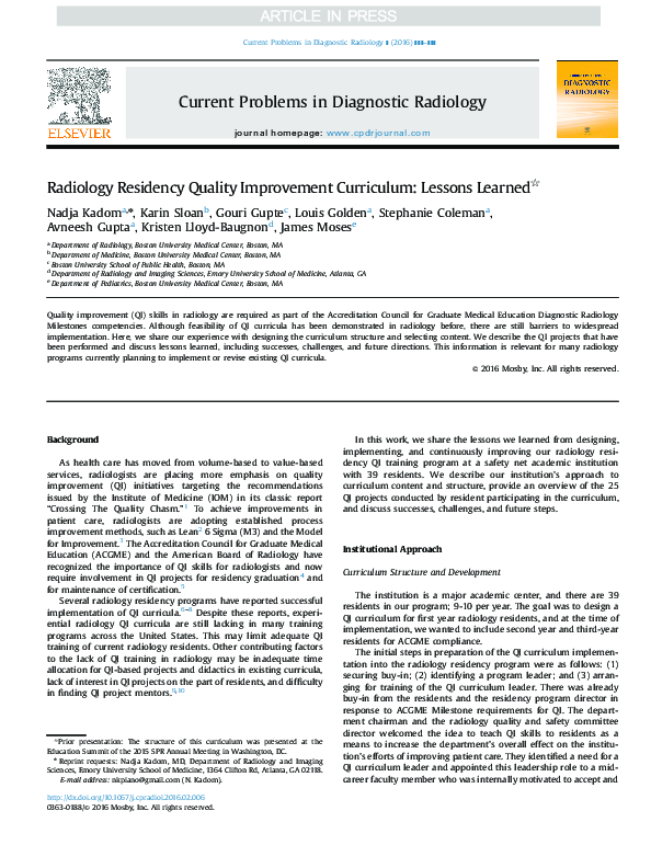(PDF) Radiology Residency Quality Improvement Curriculum: Lessons Learned