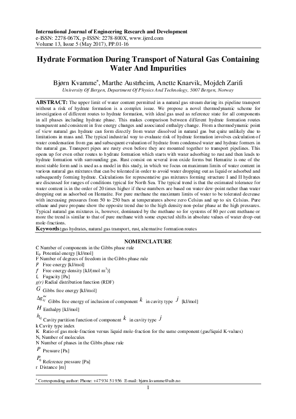 (PDF) Hydrate Formation during Transport of Natural Gas Containing ...