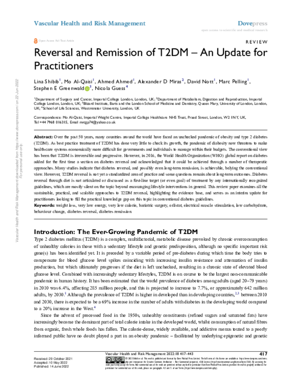 (PDF) Reversal and Remission of T2DM – An Update for Practitioners