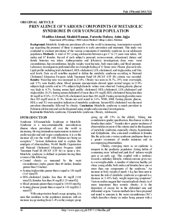 (PDF) Prevalence of Various Components of Metabolic Syndrome in Our ...