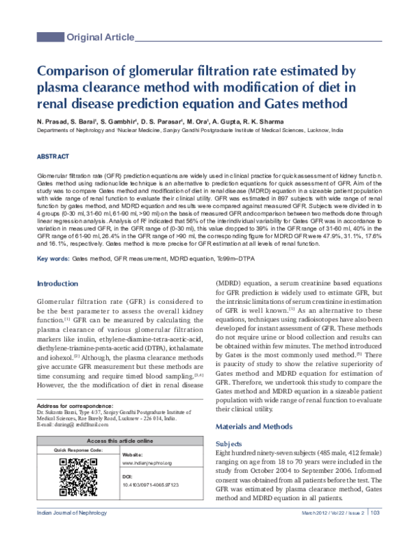 (PDF) Comparison of glomerular filtration rate estimated by plasma ...