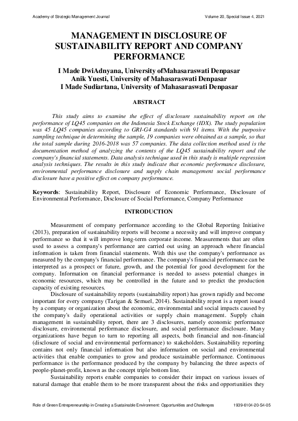 (PDF) Management in Disclosure of Sustainability Report and Company ...