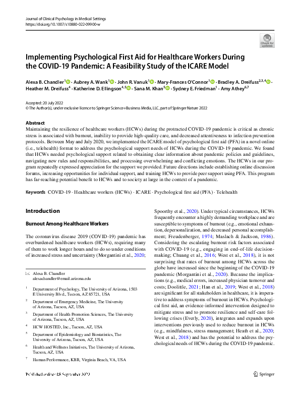 (PDF) Implementing Psychological First Aid for Healthcare Workers ...