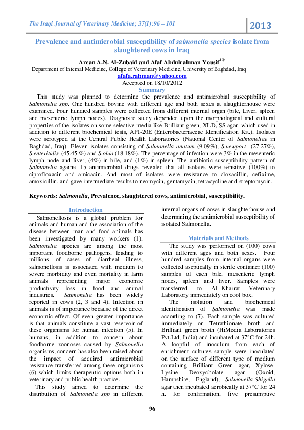(PDF) Prevalence and antimicrobial susceptibility of salmonella species ...