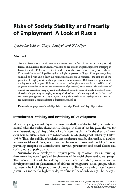 Risks of Society Stability and Precarity of Employment