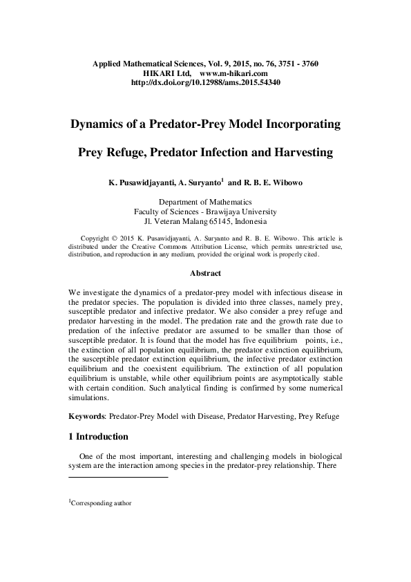 (PDF) Dynamics of a predator-prey model incorporating prey refuge ...