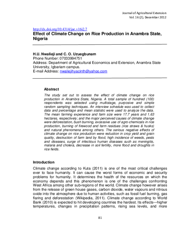 (PDF) Effect of Climate Change on Rice Production in Anambra State, Nigeria