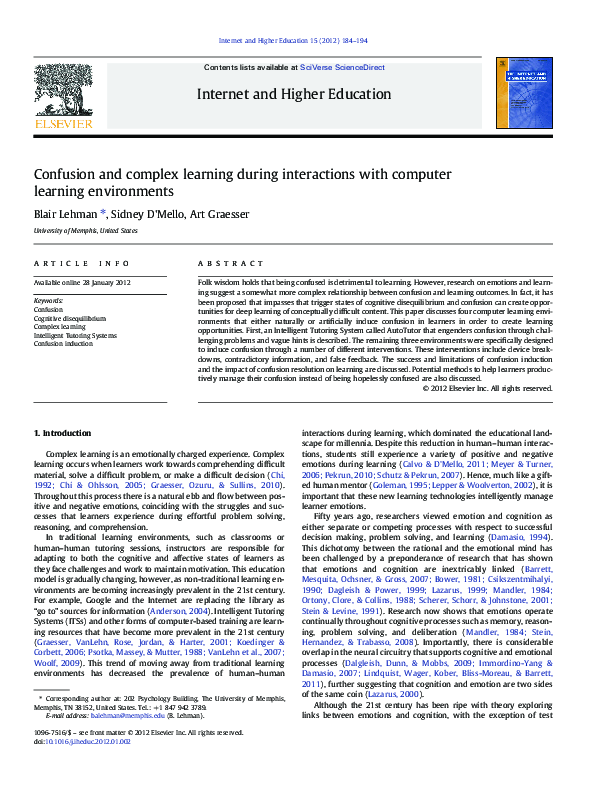 (PDF) Confusion and complex learning during interactions with computer ...