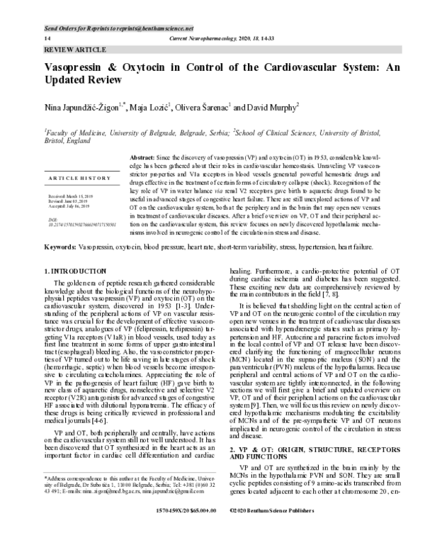 (PDF) Vasopressin & Oxytocin in Control of the Cardiovascular System ...