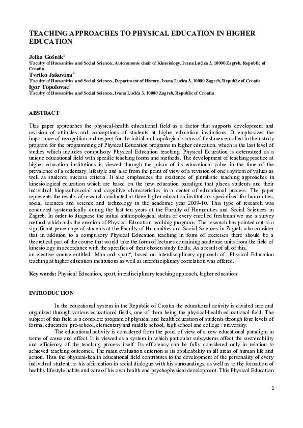 (DOC) TEACHING APPROACHES TO PHYSICAL EDUCATION IN HIGHER EDUCATION