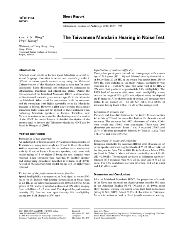 (PDF) The Taiwanese Mandarin Hearing in Noise Test