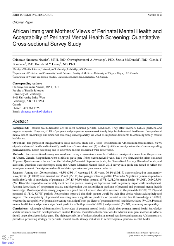 (PDF) African Immigrant Mothers’ Views of Perinatal Mental Health and ...