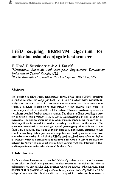 TFFB Coupling BEM/FVM Algorithm ForMulti-dimensional Conjugate Heat Transfer