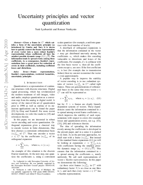 (PDF) Uncertainty Principles and Vector Quantization