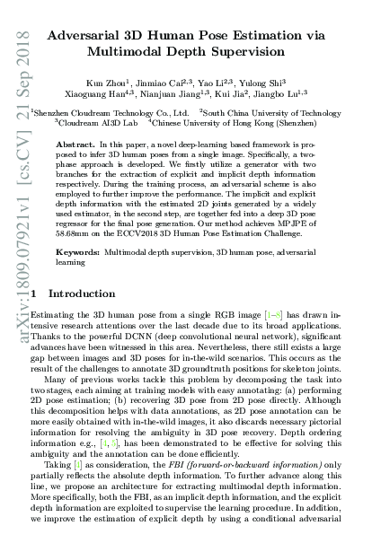 (PDF) Adversarial 3D Human Pose Estimation via Multimodal Depth Supervision