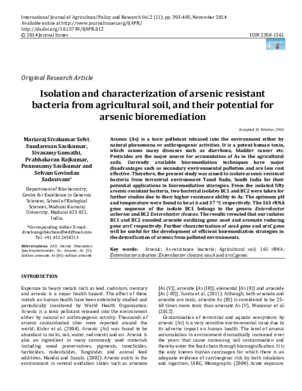(PDF) Isolation and characterization of arsenic resistant bacteria from ...