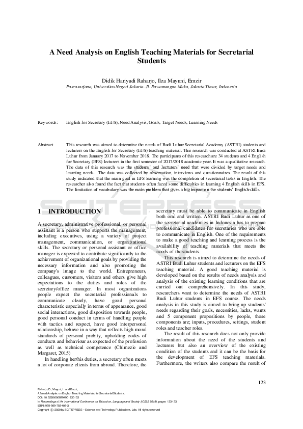 (PDF) A Need Analysis on English Teaching Materials for Secretarial ...