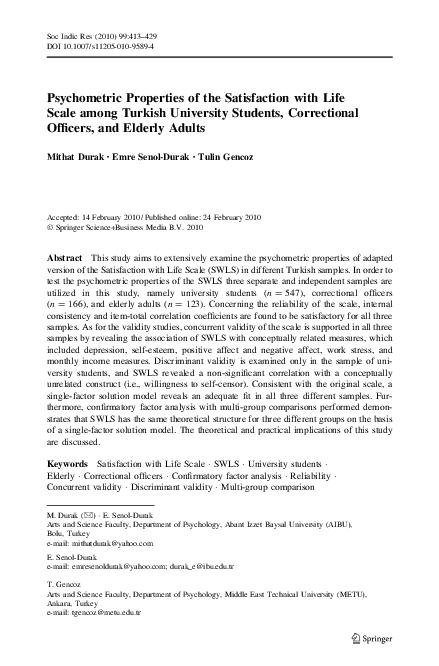 (PDF) Psychometric Properties of the Satisfaction with Life Scale among ...