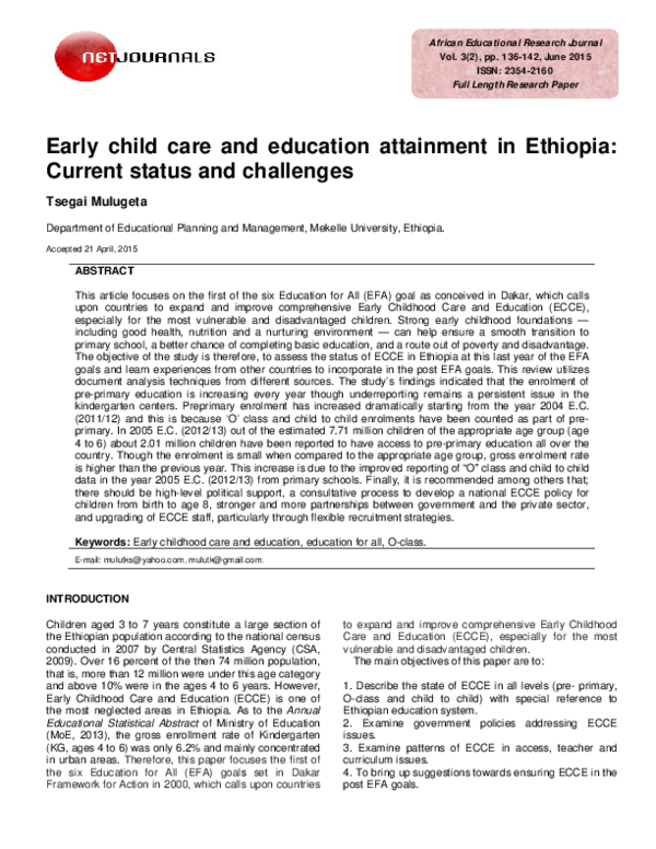 (PDF) Early child care and education attainment in Ethiopia: Current ...