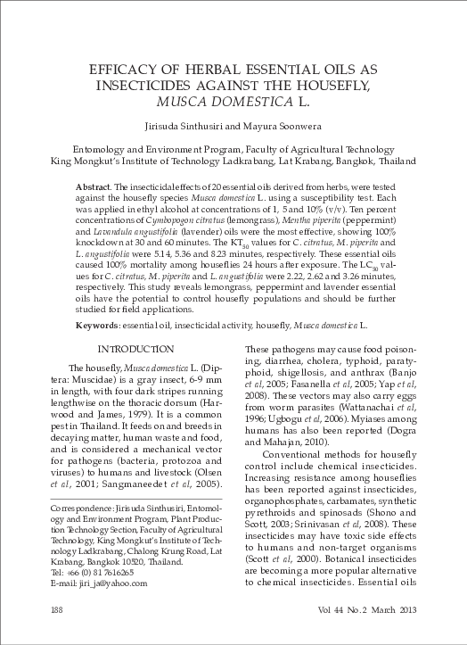 (PDF) Efficacy of herbal essential oils as insecticides against the ...