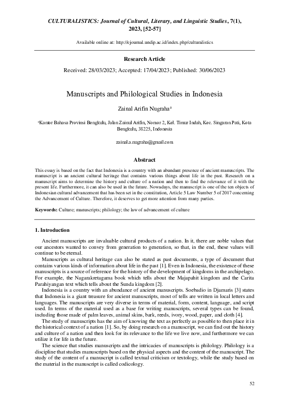 (PDF) Manuscripts and Philological Studies in Indonesia