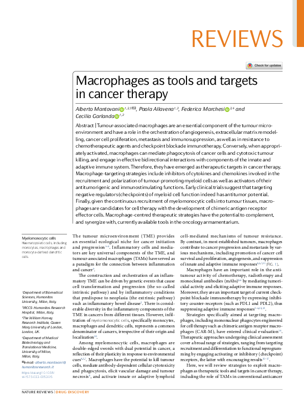 (PDF) Macrophages as tools and targets in cancer therapy
