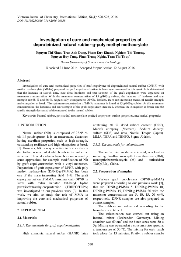 (PDF) Cure and mechanical properties of natural rubber-g-poly(methyl ...
