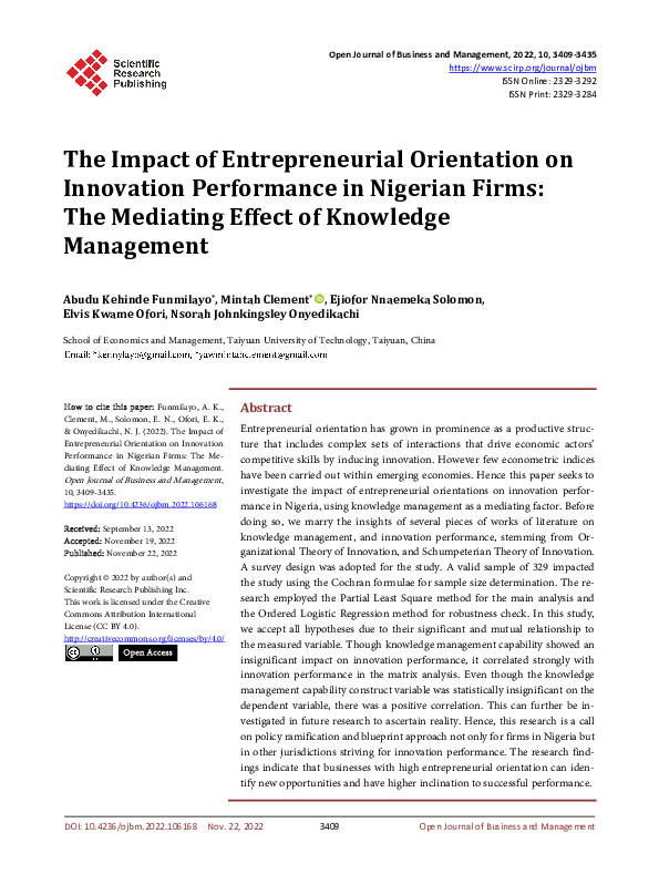 (PDF) The Impact of Entrepreneurial Orientation on Innovation ...