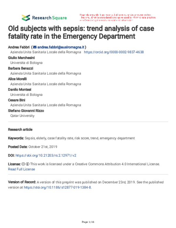 (PDF) Old subjects with sepsis: trend analysis of case fatality rate in ...