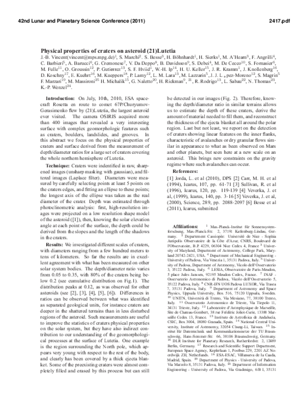 (PDF) Physical properties of craters on asteroid (21) Lutetia