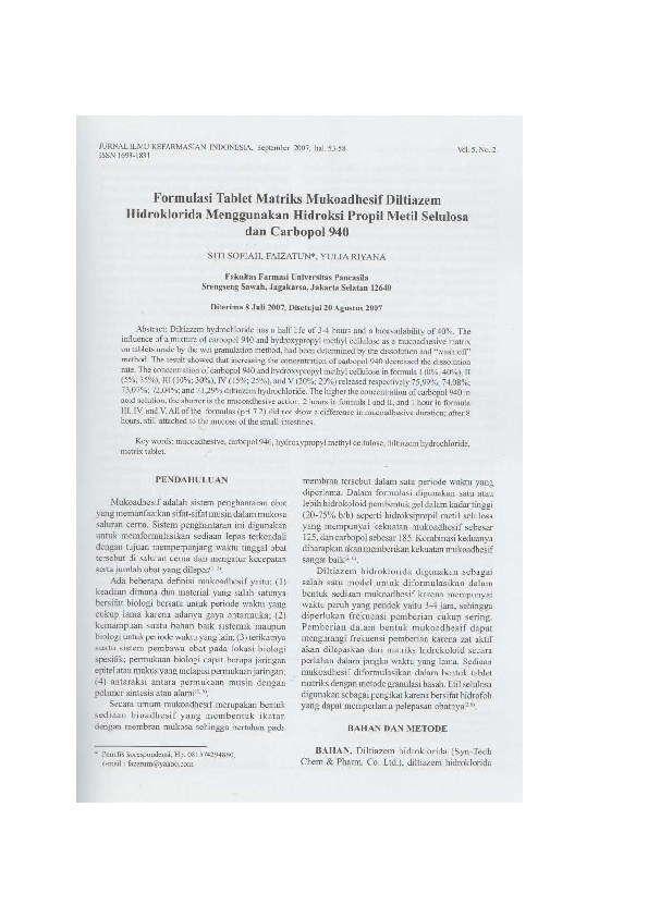(PDF) Formulasi Tablet Matriks Mukoadhesif Diltiazem Hidroklorida ...