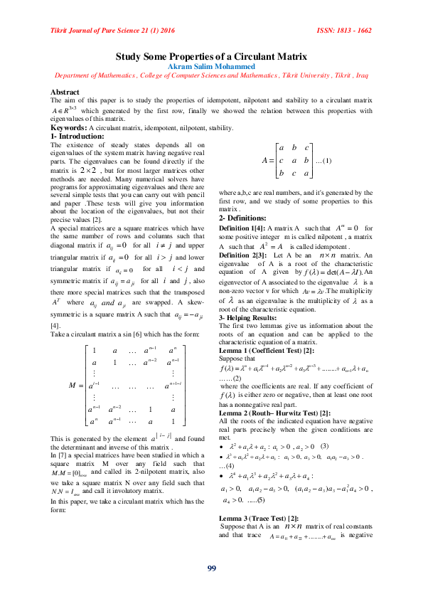 (PDF) Study Some Properties of a Circulant Matrix | akram salim ...