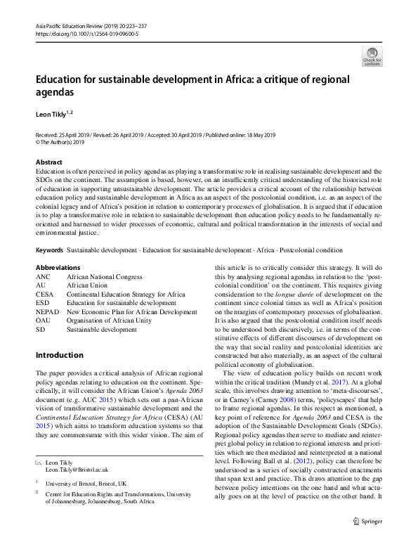 (PDF) Education for Sustainable Development in Africa