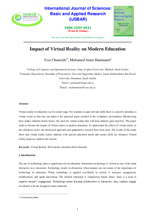 (PDF) Impact of Virtual Reality on Modern Education