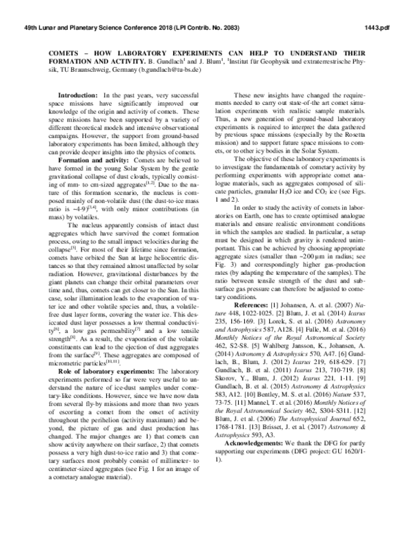 (PDF) Comets — How Laboratory Experiments Can Help to Understand Their ...
