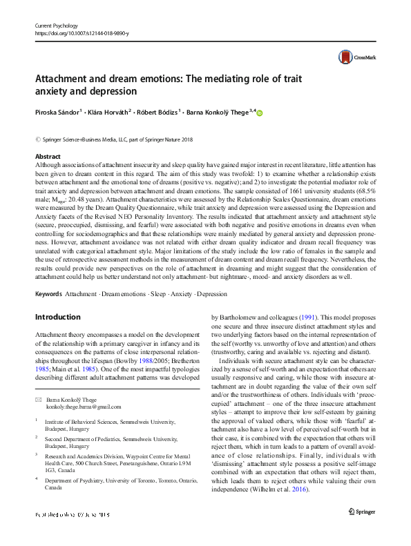 (PDF) Attachment and dream emotions: The mediating role of trait ...