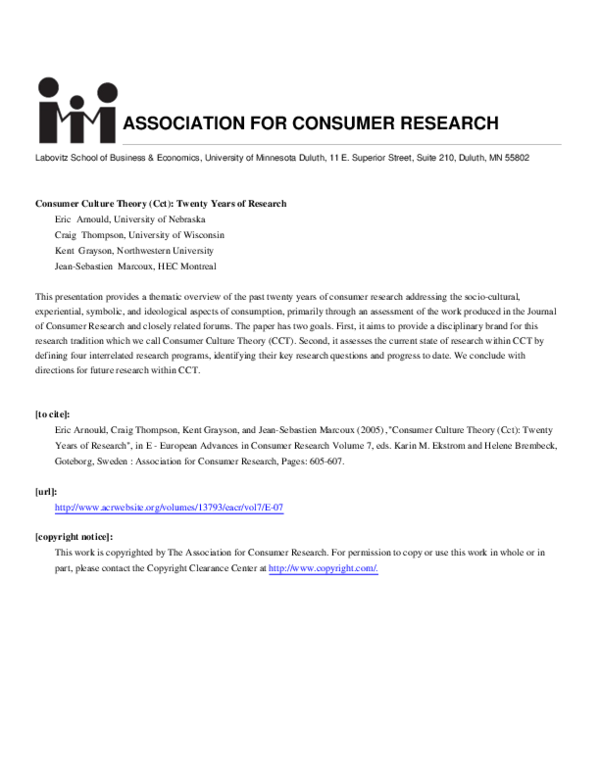 PDF) Consumer Culture Theory: Retrospect and Prospect