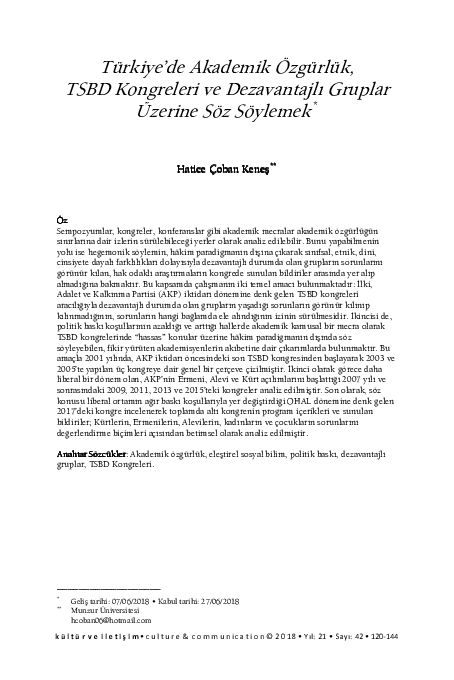 (PDF) Türkiye’de Akademik Özgürlük, TSBD Kongreleri ve Dezavantajlı ...