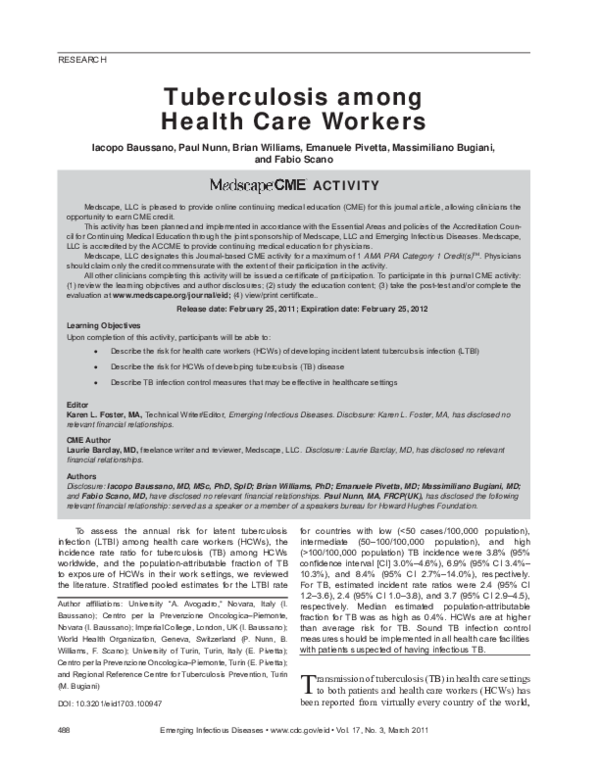 (PDF) Tuberculosis among Health Care Workers