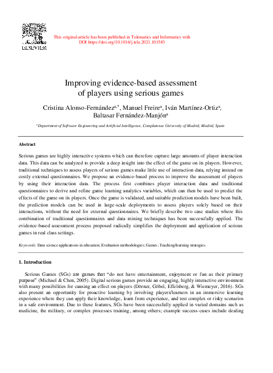 (PDF) Improving evidence-based assessment of players using serious games
