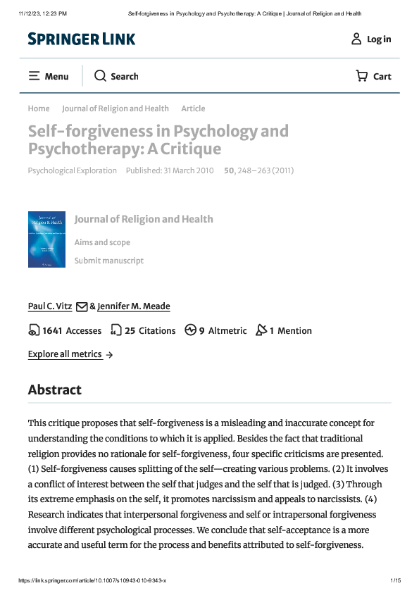 Self-forgiveness in Psychology and Psychotherapy: A Critique