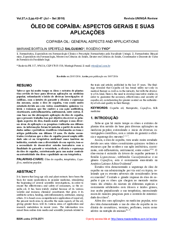 (PDF) Óleo De Copaíba: Aspectos Gerais e Suas Aplicações