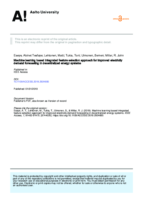 (PDF) Machine learning based electricity demand forecasting