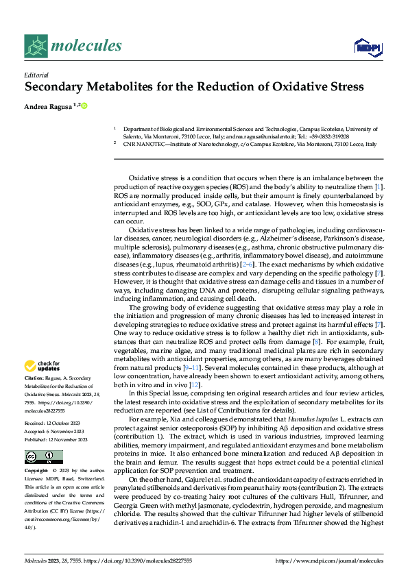 (PDF) Secondary Metabolites for the Reduction of Oxidative Stress