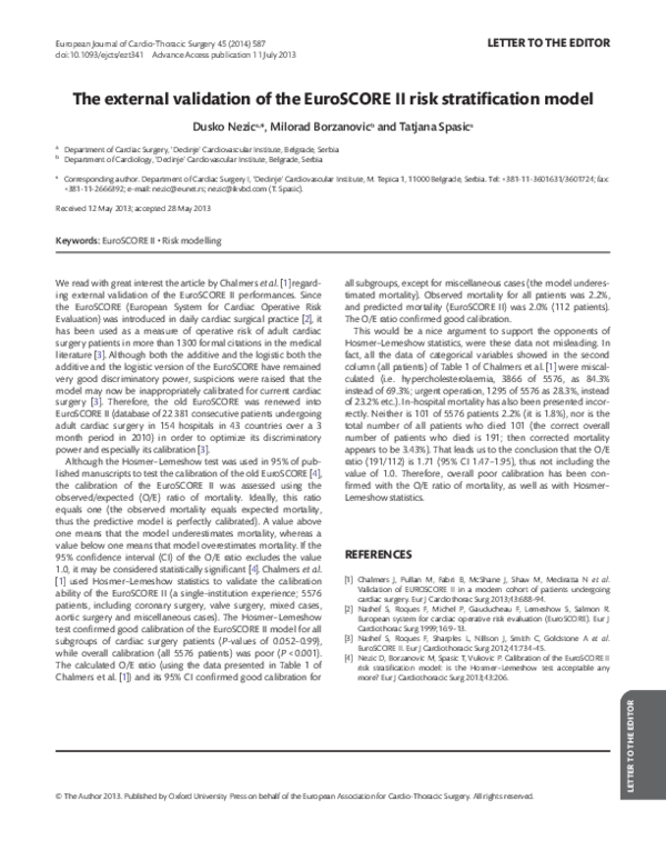 (PDF) The external validation of the EuroSCORE II risk stratification model