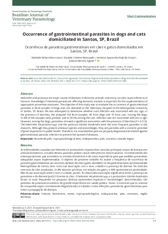 (PDF) Occurrence of gastrointestinal parasites in dogs and cats ...