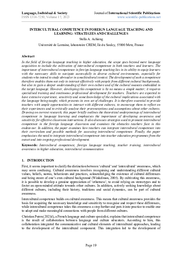 (PDF) INTERCULTURAL COMPETENCE IN FOREIGN LANGUAGE TEACHING AND ...