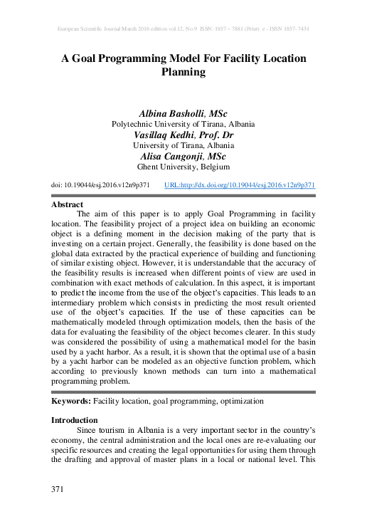 (PDF) A Goal Programming Model For Facility Location Planning